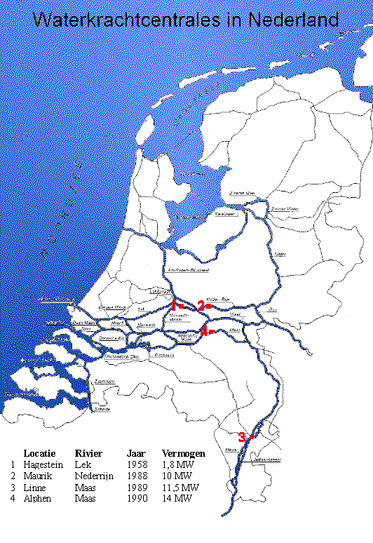 kaart met waterkracht stations in Nederland (click voor full size kaart)
